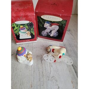 Hallmark snowman set snow buddies bike glitter ornament Xmas vintage